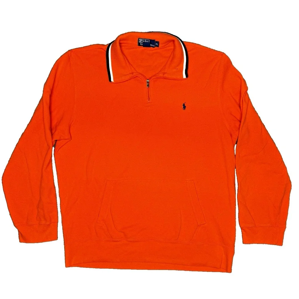 Polo Ralph Lauren Shirt Mens XL Orange Long Sleeve 1/4 zip Pocket Vntg